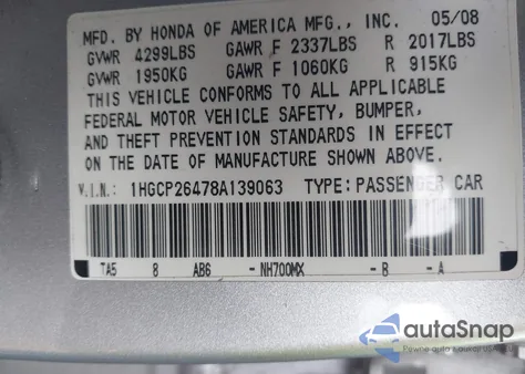 2008 Honda Accord 2.4 Lx-P z USA, uszkodzony, nr VIN 1HGCP26478A139063